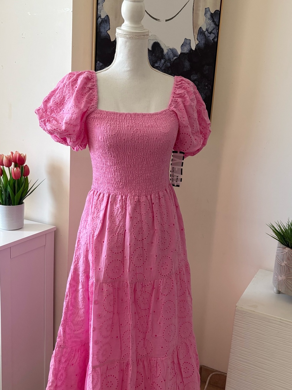 Pink Puff-Sleeve Eyelet Maxi Dress